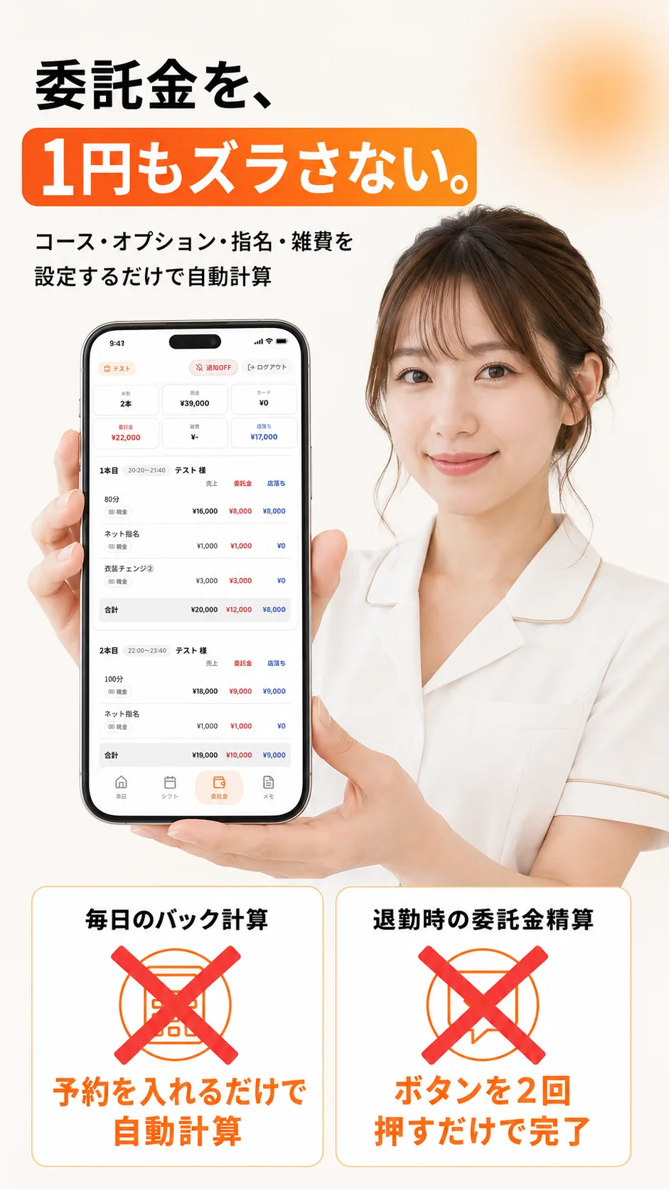 委託金を、1円もズラさない。コース・オプション・指名・雑費を設定するだけで自動計算。毎日のバック計算は予約を入れるだけで自動計算、退勤時の委託金精算はボタンを2回押すだけで完了
